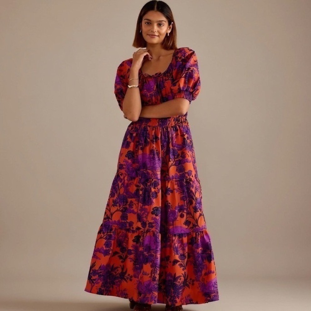 Anthropologie Somerset Puff Sleeve Floral Maxi Dress Orange Purple‎ Medium Boho